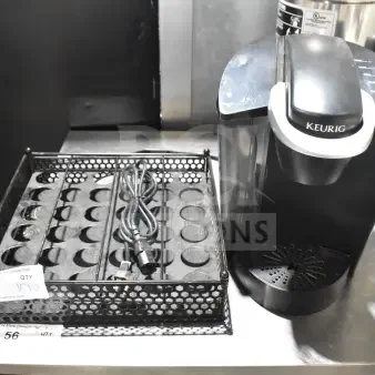 Keurig K40 single cup coffee machine with pod holder, black, includes power cord, used condition, countertop model.