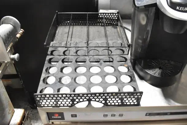 Keurig K40 single cup coffee machine with mesh pod holder, black, lightly used. Auction includes both items, bid doubles quantity.