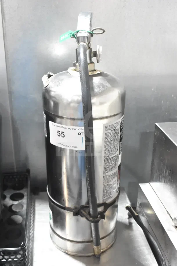 K Guard Wet Chemical Fire Extinguisher, stainless steel, visible pressure gauge, label with instructions, pick-up only.