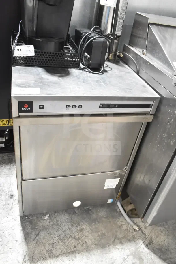 Fagor DJ AD-64 CW commercial undercounter dishwasher, stainless steel, 230 volts, 1 phase. Clean condition, visible control panel.