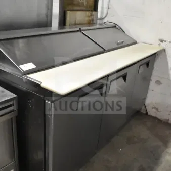 2018 Atosa MSF8304GR commercial sandwich prep table with cutting board, on casters, 115V, 1 phase, stainless steel, used condition.