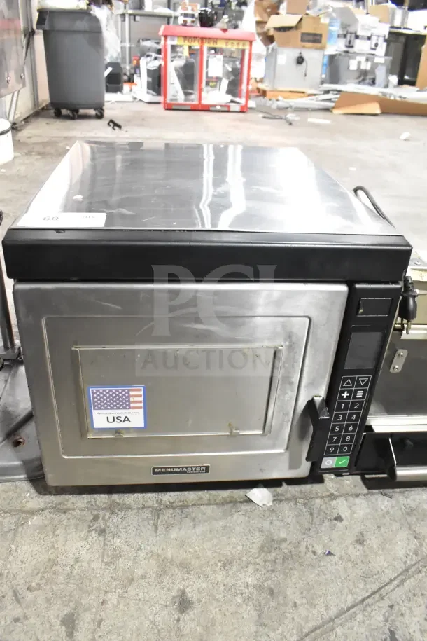 2023 Menumaster DQ22HSI3 commercial countertop microwave oven, stainless steel, 208/240 volts, keypad, USA label.