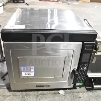 2023 Menumaster DQ22HSI3 commercial countertop microwave oven, stainless steel, 208/240 volts, keypad, USA label.