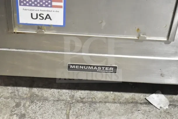 2023 Menumaster DQ22HSI3 commercial countertop microwave, stainless steel, 208/240 volts, with "Fabricated in USA" label.