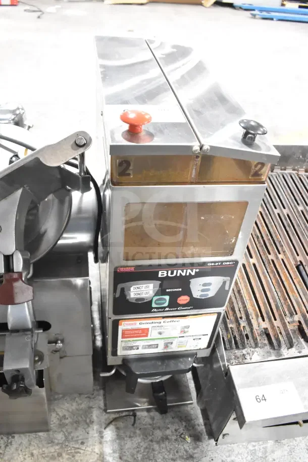 Bunn G9-2T DBC commercial coffee grinder, stainless steel, 120 volts, visible controls, used condition.