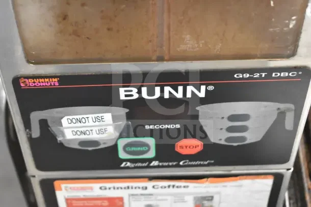 Bunn G9-2T DBC countertop coffee bean grinder, 120 volts, with visible controls and "Do Not Use" labels.