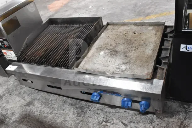 Prince Castle FHP48-2RB commercial charbroiler with 4 burners, natural gas, stainless steel, visible wear on grill and griddle.