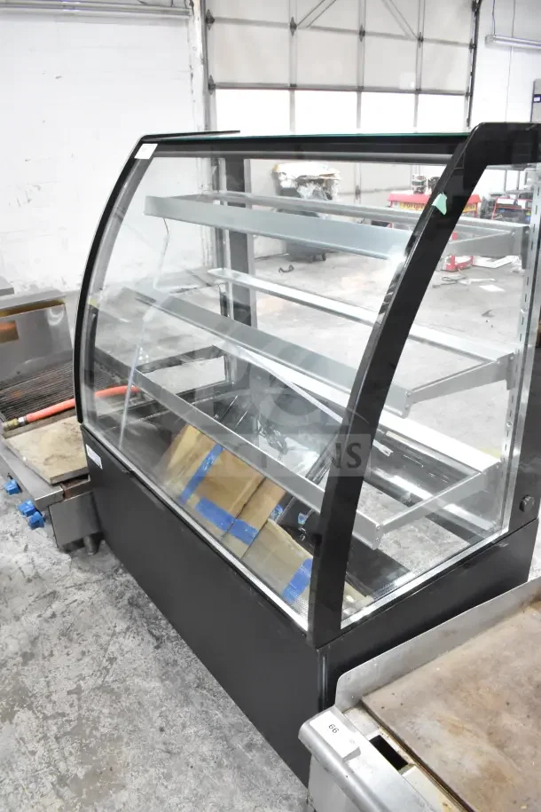 Brand new Avantco BCTD-48 bakery display case, 48" black, 3-shelf, curved glass, LED lighting, 115V, 1 phase.