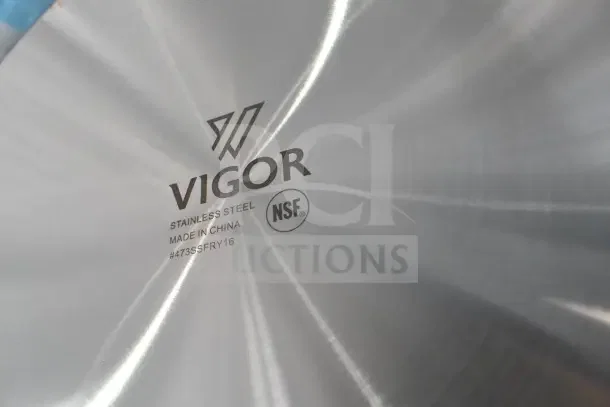 Brand new Vigor 16" stainless steel fry pan, model 473SSFRY16, with aluminum-clad bottom and helper handle. NSF-certified.
