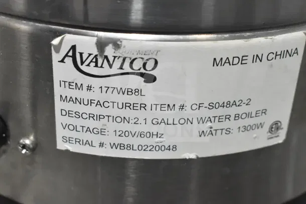 Brand new Avantco 2.1-gallon water boiler, model 177WB8L, 120V, 1300W. Scratch and dent condition. Serial WB8L0220048.