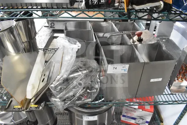 13 various kitchen items including drop-in bins, Server CPSS-F lids, and pumps on a metal rack; mix of new and used.