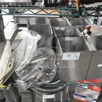 13 various kitchen items including drop-in bins, Server CPSS-F lids, and pumps on a metal rack; mix of new and used.