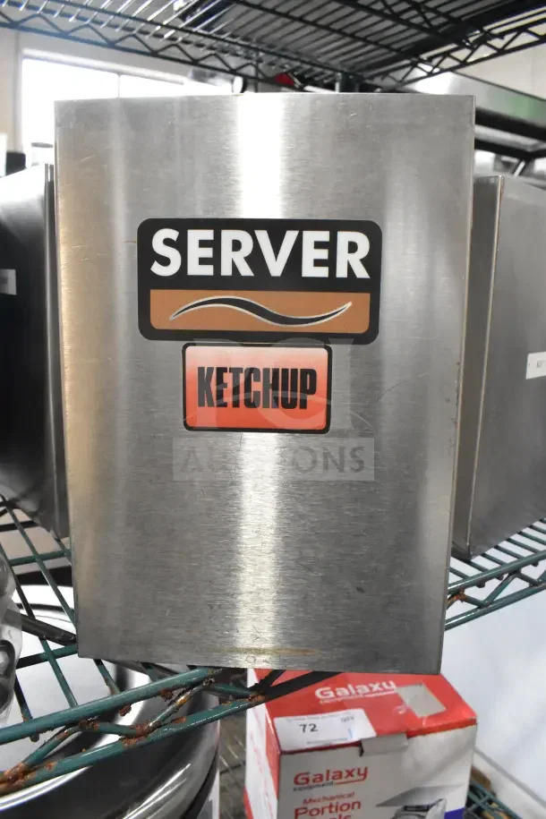 13 items including Server CPSS-F lids, drop-in bins, and pumps. Stainless steel finish with visible "Server Ketchup" label.