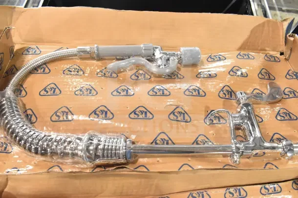 BRAND NEW T&S MPY-8DLN-08 deck-mounted pre-rinse faucet, 24.5" height, 8" centers, low flow valve, 24" hose, in box.