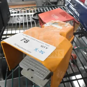 Two items including foot pedal and Carel IJFPSA4B01S1054 food panel with auction tag "78," on a metal shelf.