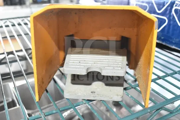 2 items: metal foot pedal with orange safety cover and Carel IJFPSA4B01S1054 food panel, both in used condition.