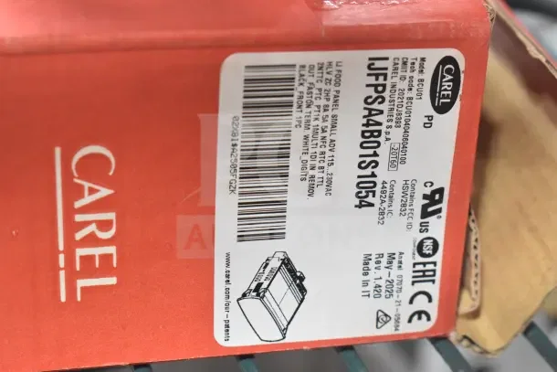 Carel IJFPSA4B01S1054 food panel packaging with label showing model, serial number, and certification marks.