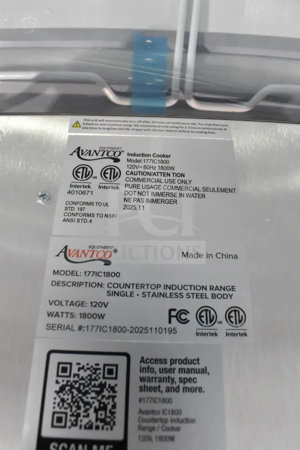 Alt Text: Avantco IC1800 countertop induction range label showing model 177IC1800, 120V, 1800W, stainless steel, made in China.