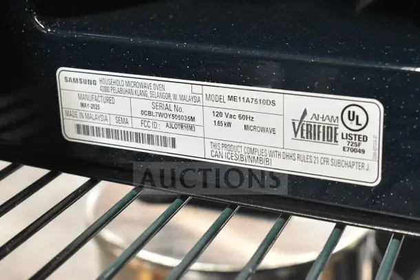 2025 Samsung ME11A7510DS Microwave Oven label; 120V, 1.65kW, 1 Phase, manufactured May 2025 in Malaysia.