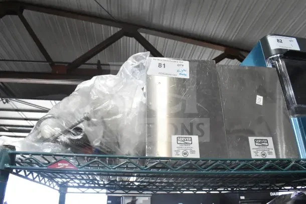 Seven assorted items including Server SS1 pump pieces on a metal rack; item tags visible, auction quantity 7.