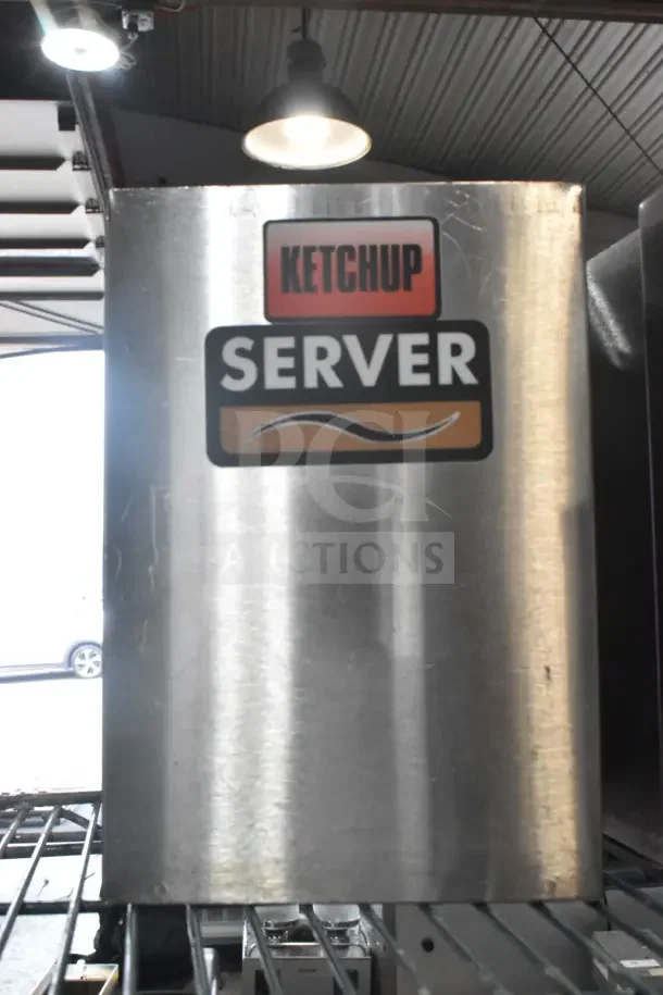 Stainless steel Server condiment dispenser with "Ketchup Server" label, visible wear and scratches. Part of 7-item auction.
