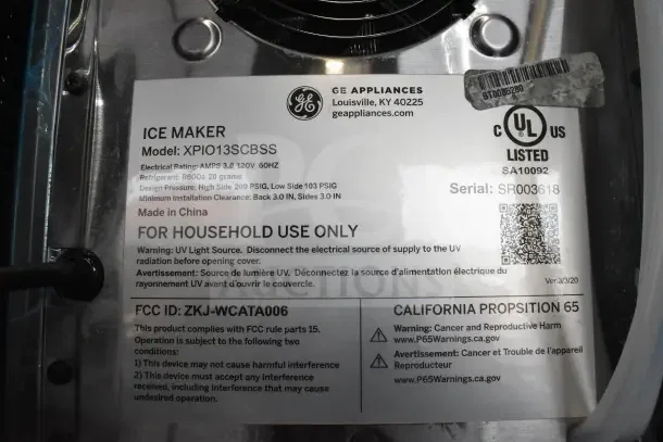 General Electric XPIO13SCBSS ice maker label with model, electrical rating, and safety warnings. Made in China.