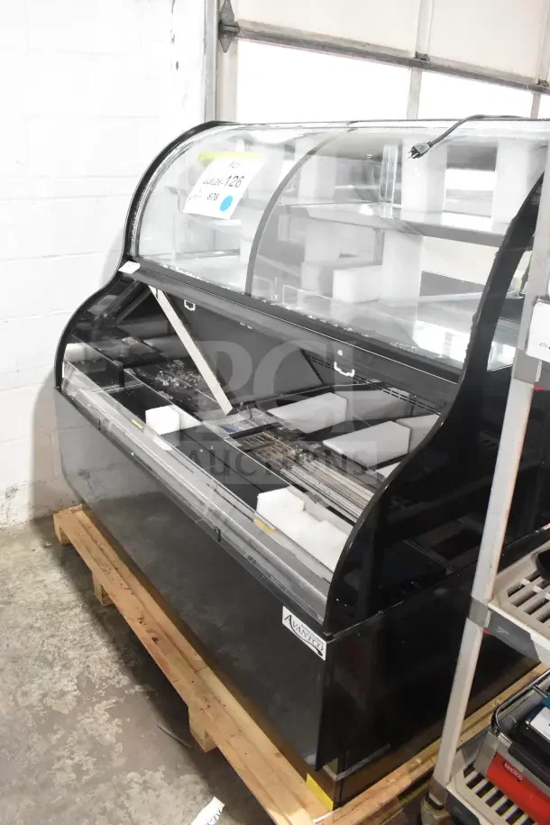 Brand new Avantco 193CAC60B black refrigerated air curtain merchandiser, 59 1/8", glass damage shown, 115V, 1 phase.