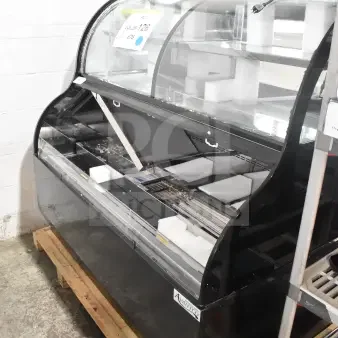 Brand new Avantco 193CAC60B black refrigerated air curtain merchandiser, 59 1/8", glass damage shown, 115V, 1 phase.