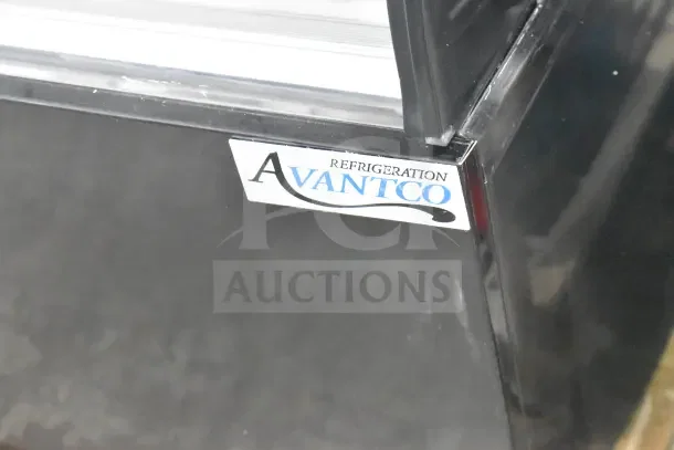 Avantco black refrigerated air curtain merchandiser, model 193CAC60B, showing brand label. Glass damage visible, 115V.