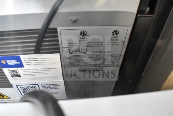 Avantco 193CAC60B air curtain merchandiser, brand new, 59 1/8", black, ETL certified. Glass damage noted. Tags show specs.