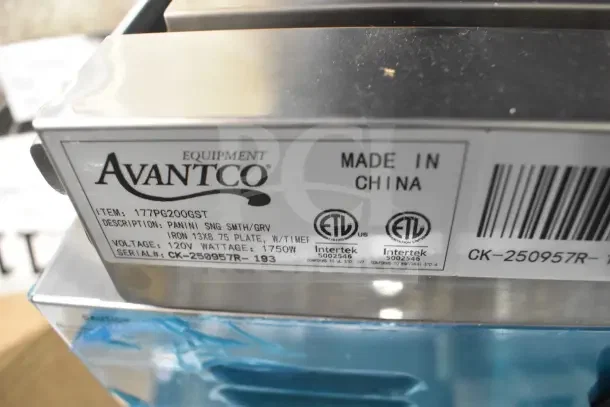 Brand new Avantco 177PG200S Panini Grill, 13 3/8" x 8 3/4" surface, grooved top, smooth bottom, 120V, 1750W, ETL certified.