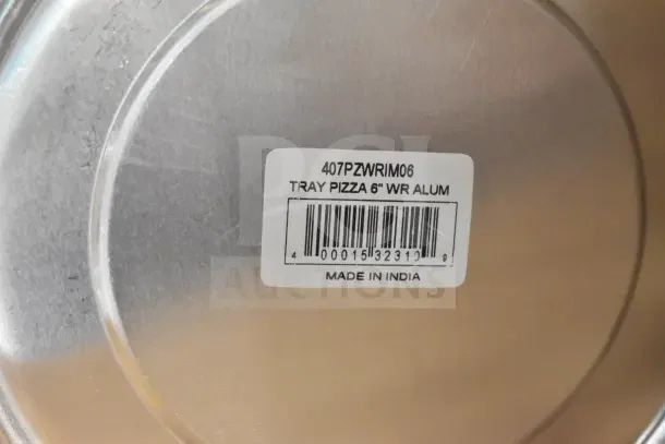 Aluminum pizza pan label, model 407PZWRIM06, 6" wide rim, new condition, made in India, barcode visible.
