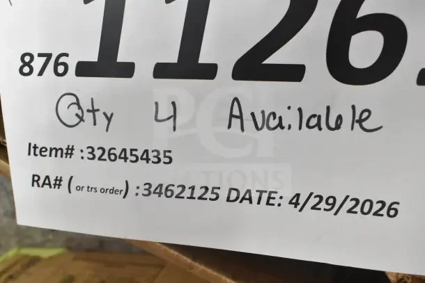 Label showing item number 32645435, quantity 4 available, and return authorization number 3462125, dated 4/29/2026.