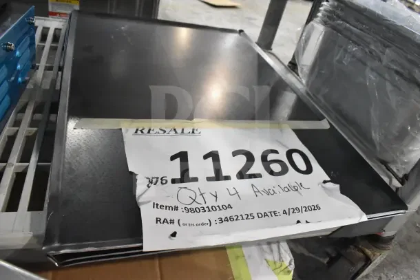 Brand new scratch and dent items, including Matfer Bourgeat sheet pan. Label shows item 11260, with 4 available.