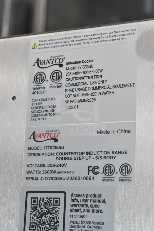 Avantco 177IC35SU Double Step-Up Induction Range, 3600W, 208-240V, new scratch and dent, commercial use, model label shown.