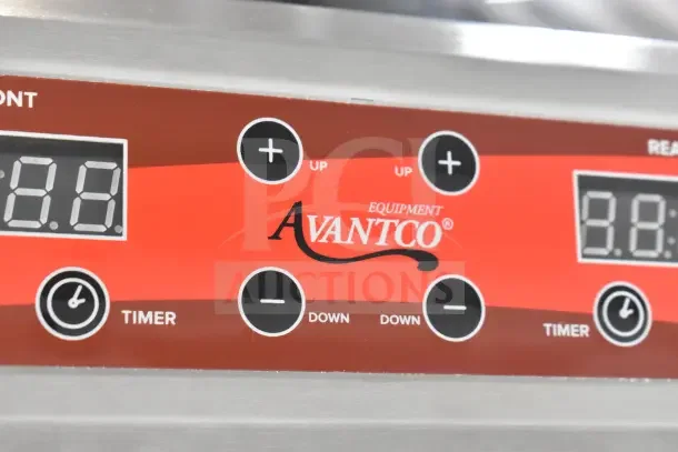 Control panel of the Avantco 177IC35SU Double Countertop Step-Up Induction Range, showing digital display and buttons.