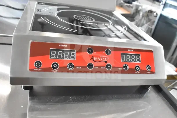 Alt text: Brand new Avantco 177IC35SU double countertop step-up induction range, with digital controls and stainless steel finish.