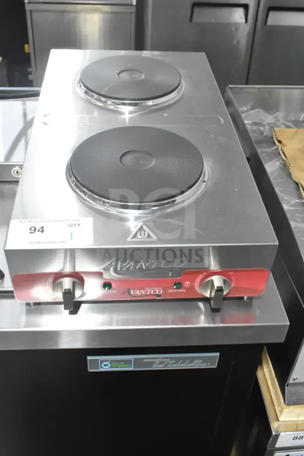 Brand new Avantco 177EB202F2BA double burner hot plate, stainless steel, electric, 120V, 1 phase, slight scratches.