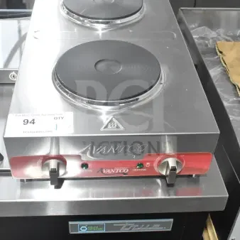 Brand new Avantco 177EB202F2BA double burner hot plate, stainless steel, electric, 120V, 1 phase, slight scratches.
