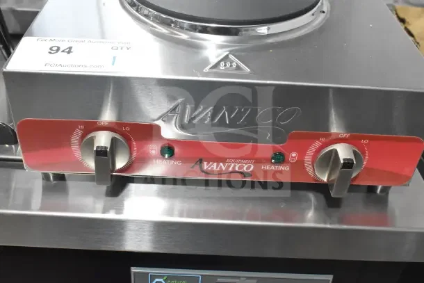 Brand new Avantco 177EB202F2BA stainless steel double burner hot plate, 120V, 1 phase, front-to-back layout, solid top.