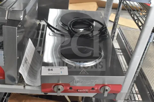 Brand new Avantco 177EB202F2BA double burner hot plate, stainless steel, solid top, 120V, front-to-back, electric.