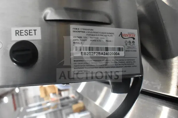 Brand new Avantco 177EB202F2BA double burner hot plate, stainless steel, 120V, 1 phase, solid top, portable, scratch and dent condition.