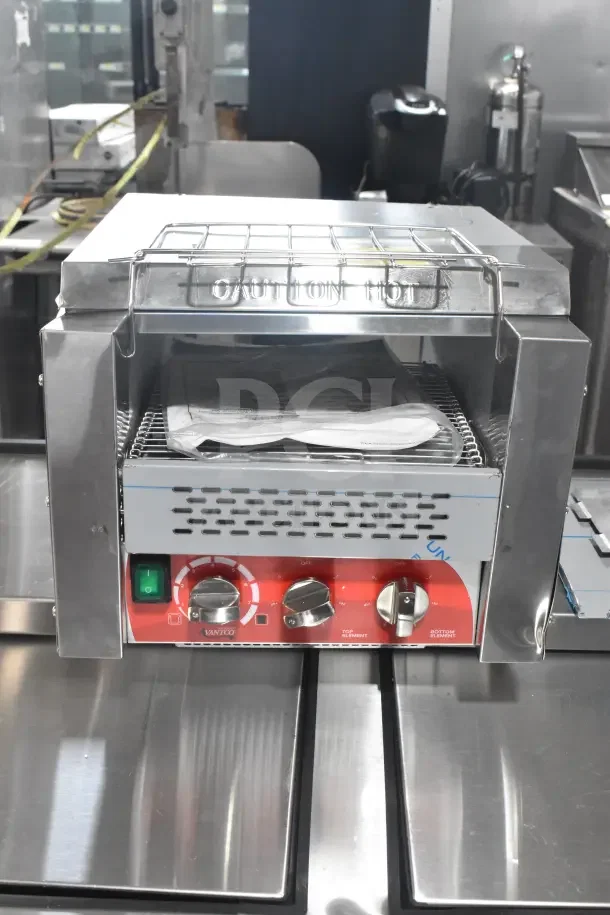 Brand new Avantco 184T3300B conveyor toaster, 10" wide, 3" opening, red controls, 800 slices/hour, 208V, 1 phase.
