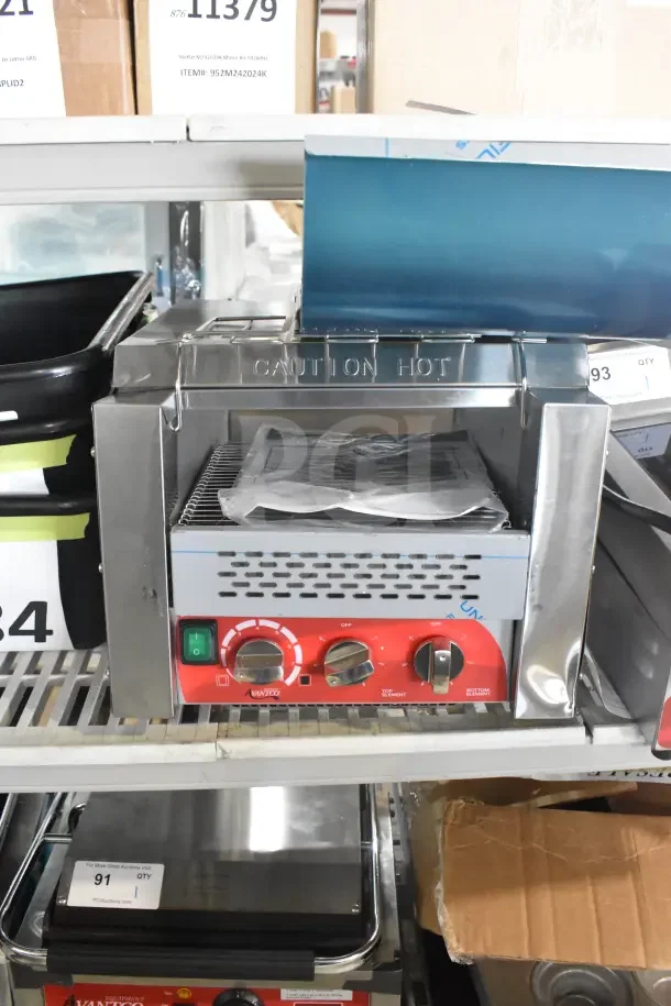 Brand new Avantco 184T3300B 10" conveyor toaster, silver, 3" opening, 800 slices/hr, 208V, 1 phase, "Caution Hot" label.