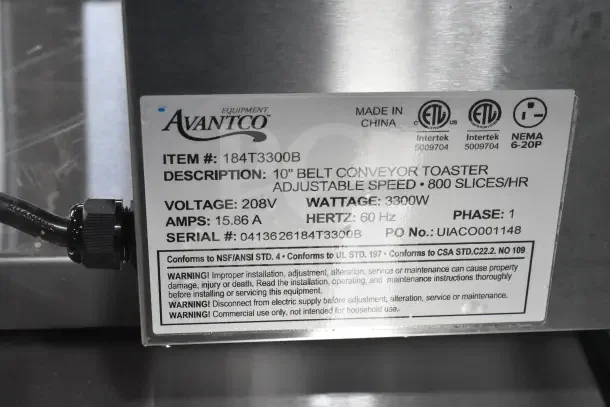 Brand new Avantco 184T3300B commercial conveyor toaster label. Features 10" wide belt, 3" opening, 800 slices/hr, 208V.
