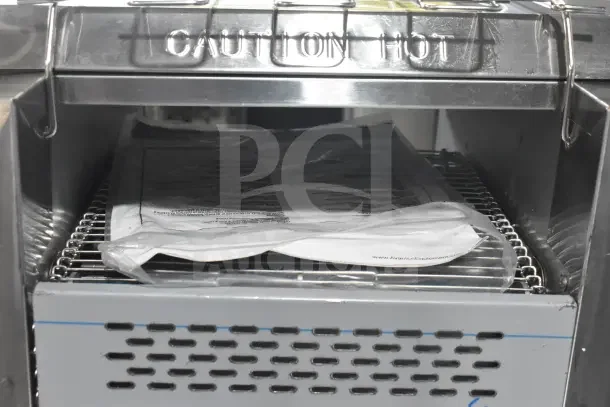BRAND NEW Avantco 184T3300B Commercial Conveyor Toaster, 10" wide, 3" opening, 800 slices/hr, "Caution Hot" label visible.