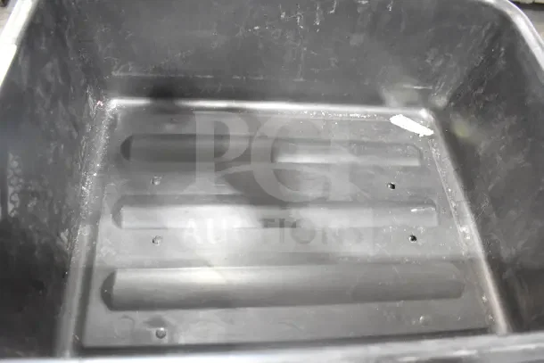 Three new black polypropylene bus tubs, 20"x15"x7", model 176BT20157BK, slight scratches and dents visible.