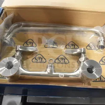 Brand new Eversteel by T&S S-0231 stainless steel wall mount double pantry faucet with 12" swing nozzle in box.