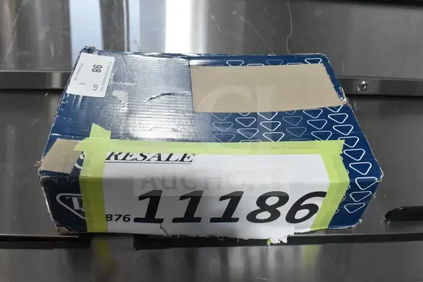 Box for Eversteel by T&S S-0231 stainless steel wall mount double pantry faucet, scratched packaging, auction label reads "11186".