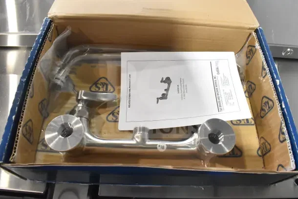 BRAND NEW SCRATCH AND DENT Eversteel by T&S S-0231 stainless steel double pantry faucet with 12" swing nozzle in box.